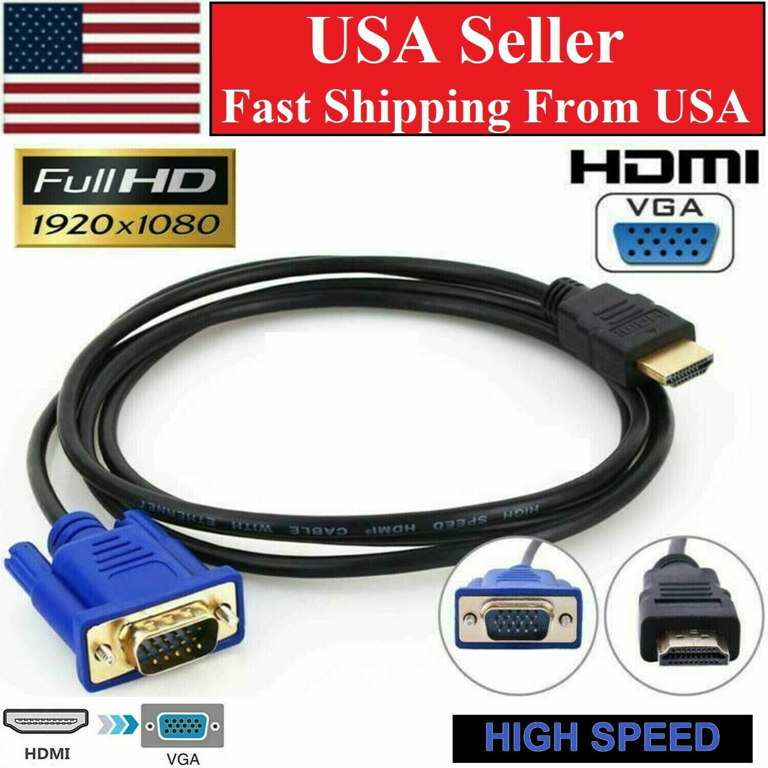 HDMI Male To VGA Male Video Converter Adapter Cable For PC DVD 1080P HDTV 6FT