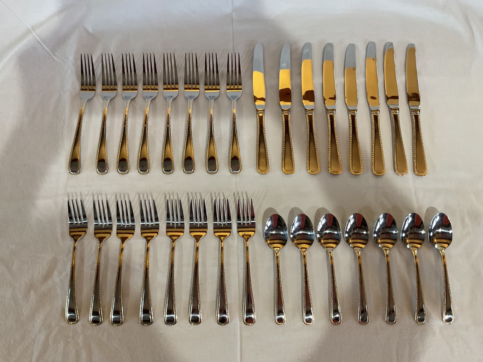 31 Pc International PRECISION Gold Beaded Edge Steel Flatware EUC Sparkling!