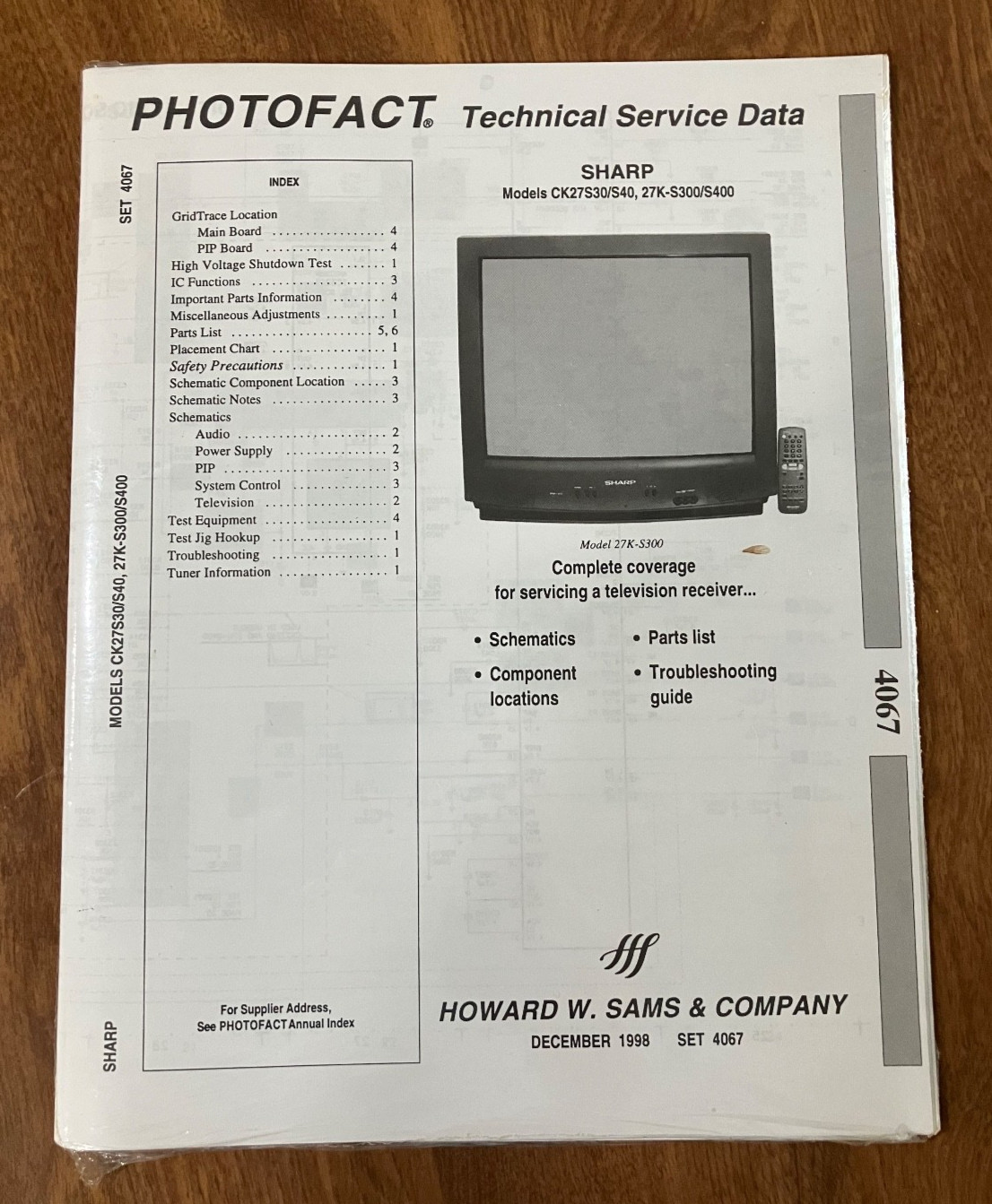 Sams Photofact 4067 Service Manual for Sharp CK27S30/S40, 27K-S300/S400- NEW