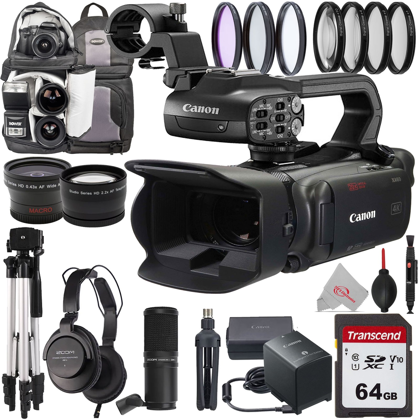 Canon XA60 Professional UHD 4K Camcorder PAL with ZOOM Podcast Microphone Kit