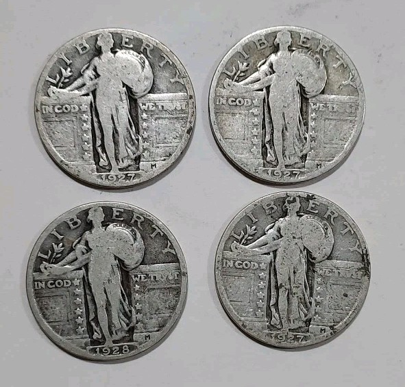 1927, 1928 Standing Liberty Quarters 90% Silver $1 FV 4 US Coins CIRCULATED