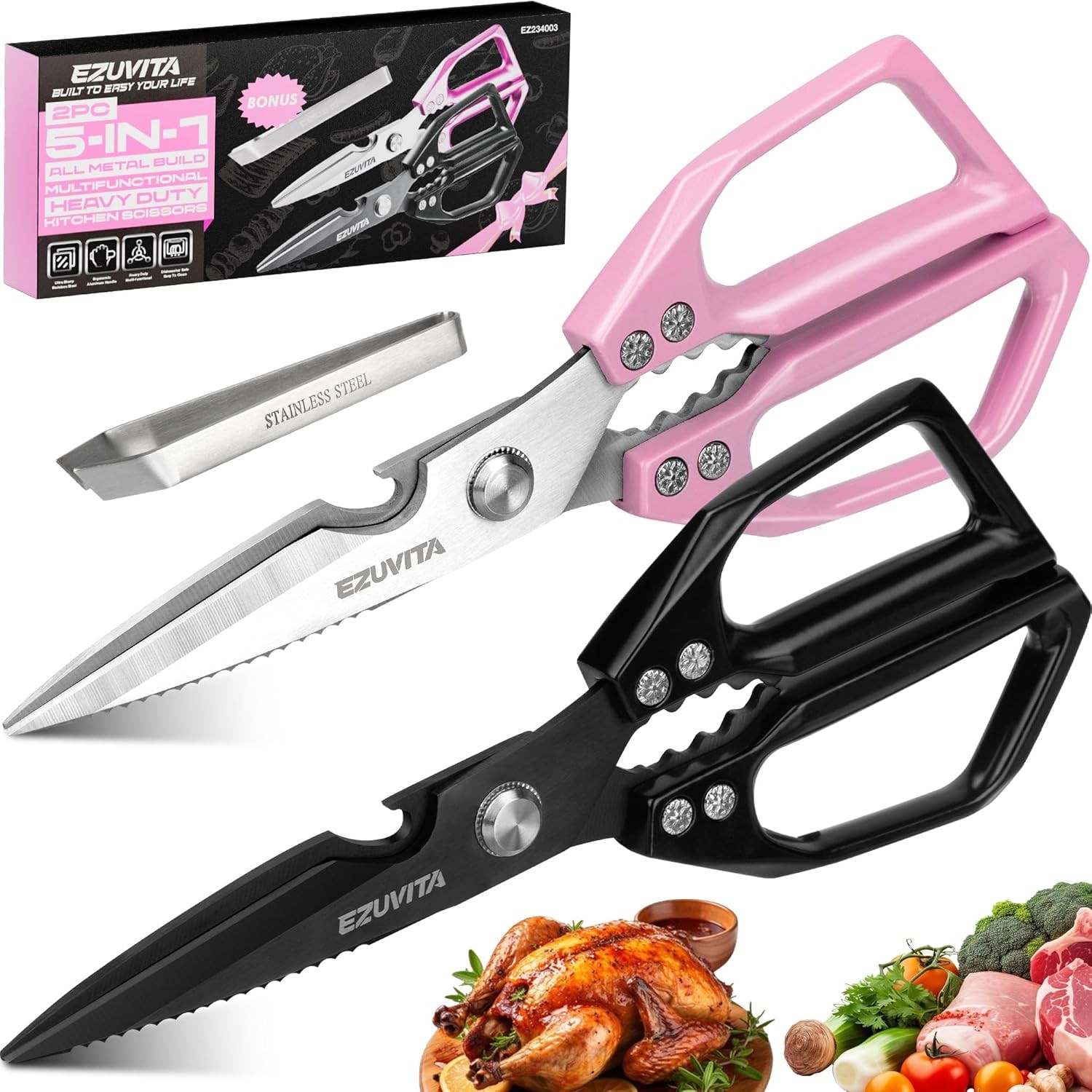 2PC 5-in-1 Multifunctional Heavy-Duty Korean Kitchen Scissors Set, All Purpose