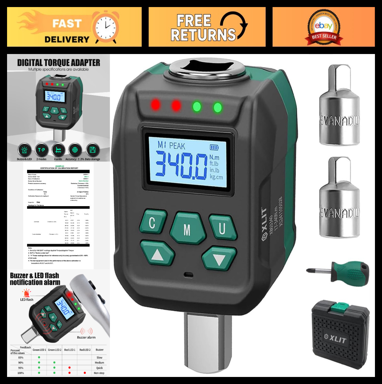 Digital Torque Wrench Adapter 1/2" - ±2% Accuracy, 7.5-250 ft-lb, Buzzer & LED A