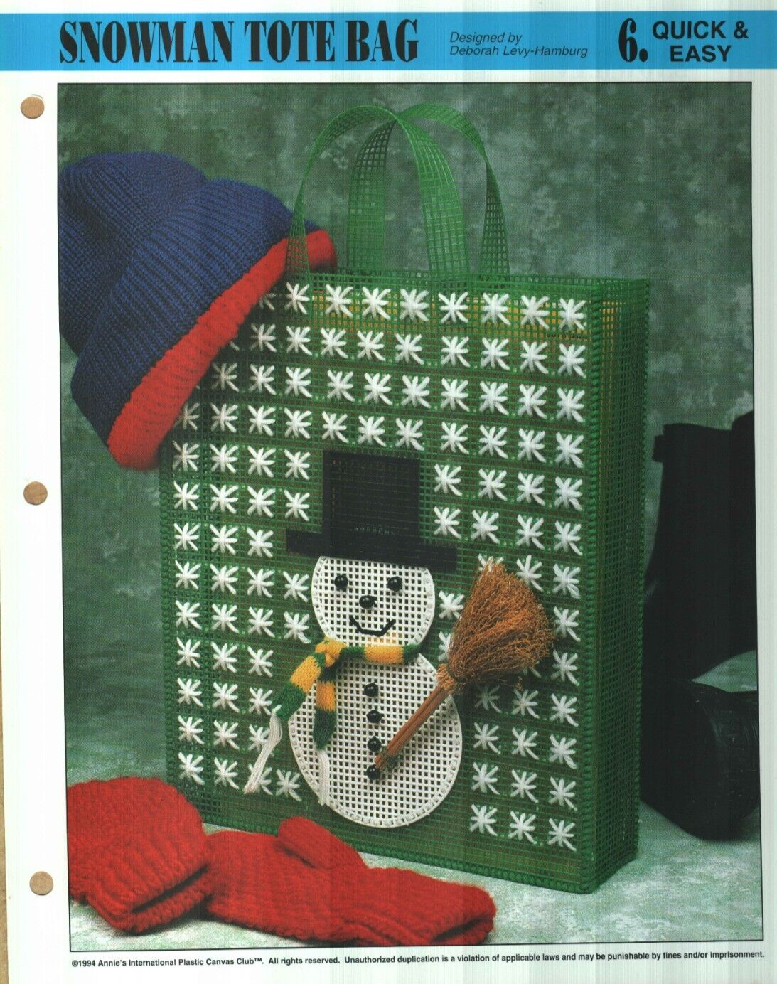 NEW SNOWMAN TOTE BAG CHRISTMAS ANNIE'S PLASTIC CANVAS PATTERN INSTRUCTIONS