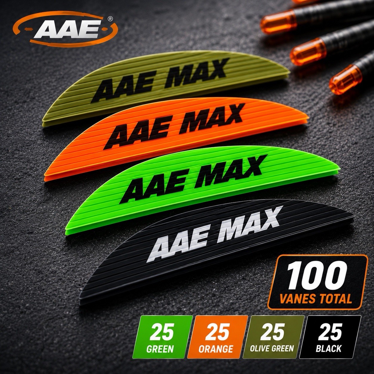 AAE Max Stealth Vanes 100 Pack Mixed Colors - Black/Green/Orange/Olive - USA