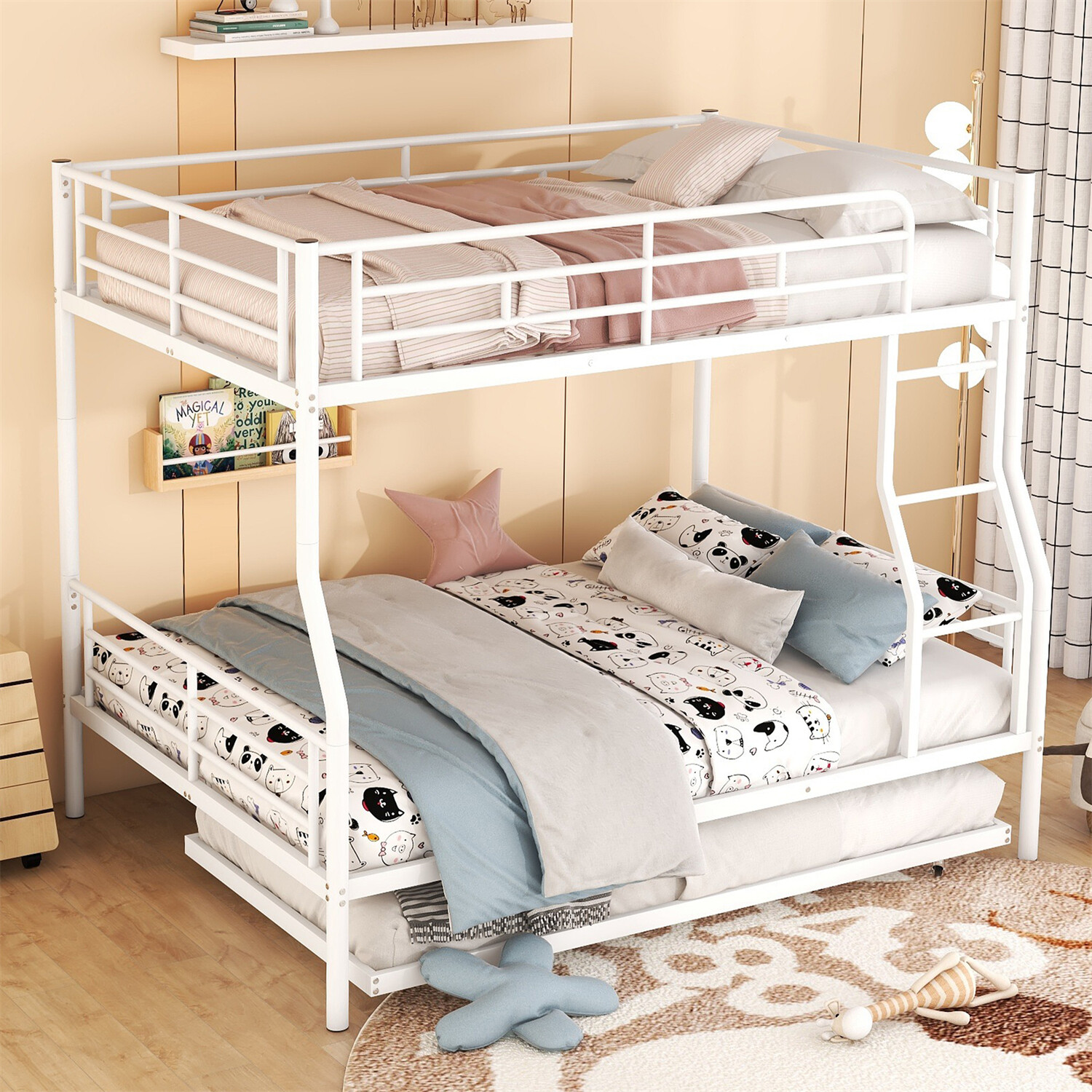 Full XL Over Queen Bunk Bed Heavy Duty Metal Bunk Bed Frame with Trundle