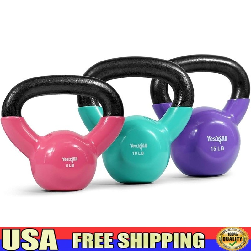 Cast Iron Kettlebell Set Strength Training Durable Vinyl Coated Weight 10lb 15lb
