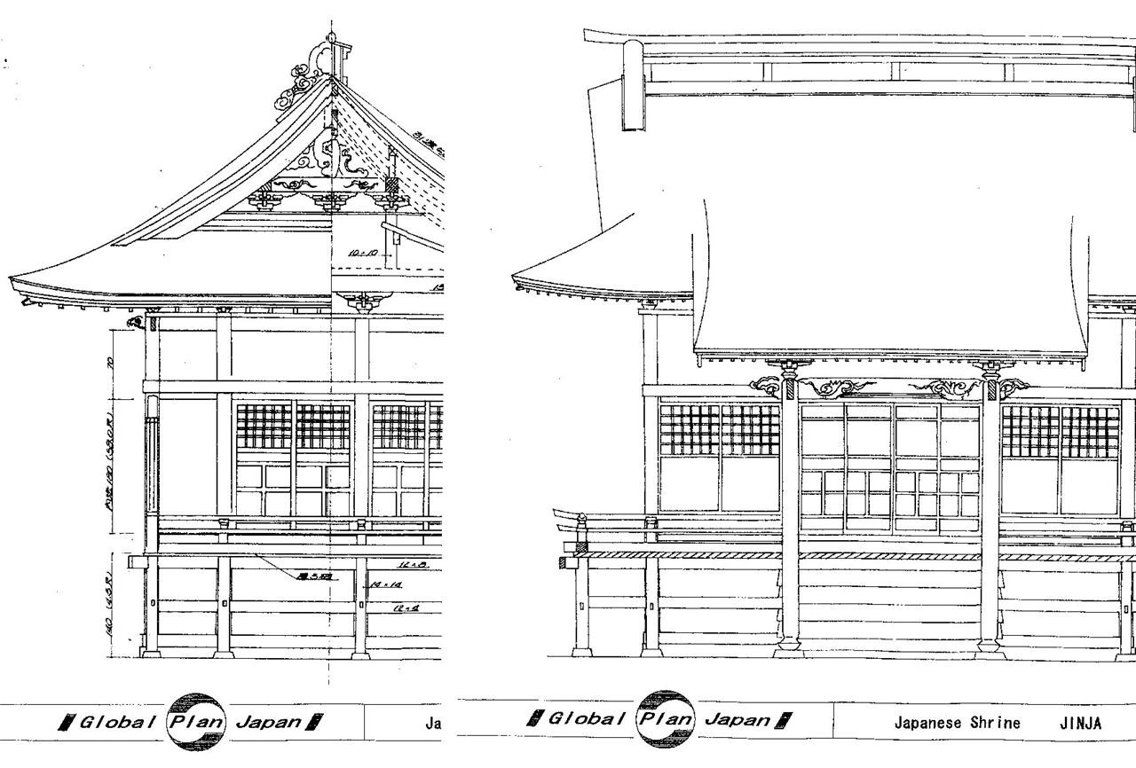 Japanese Traditional House Plan Shrine "HIE-type" Building Temple Drawing,Detail