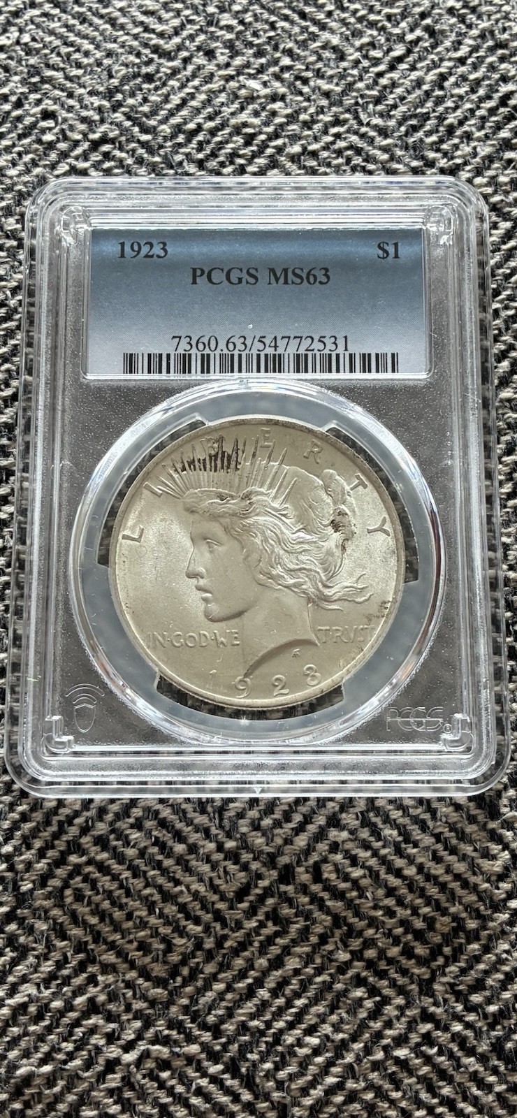 1923 90% Silver Peace Dollar PCGS Certified MS63! Slab Coin