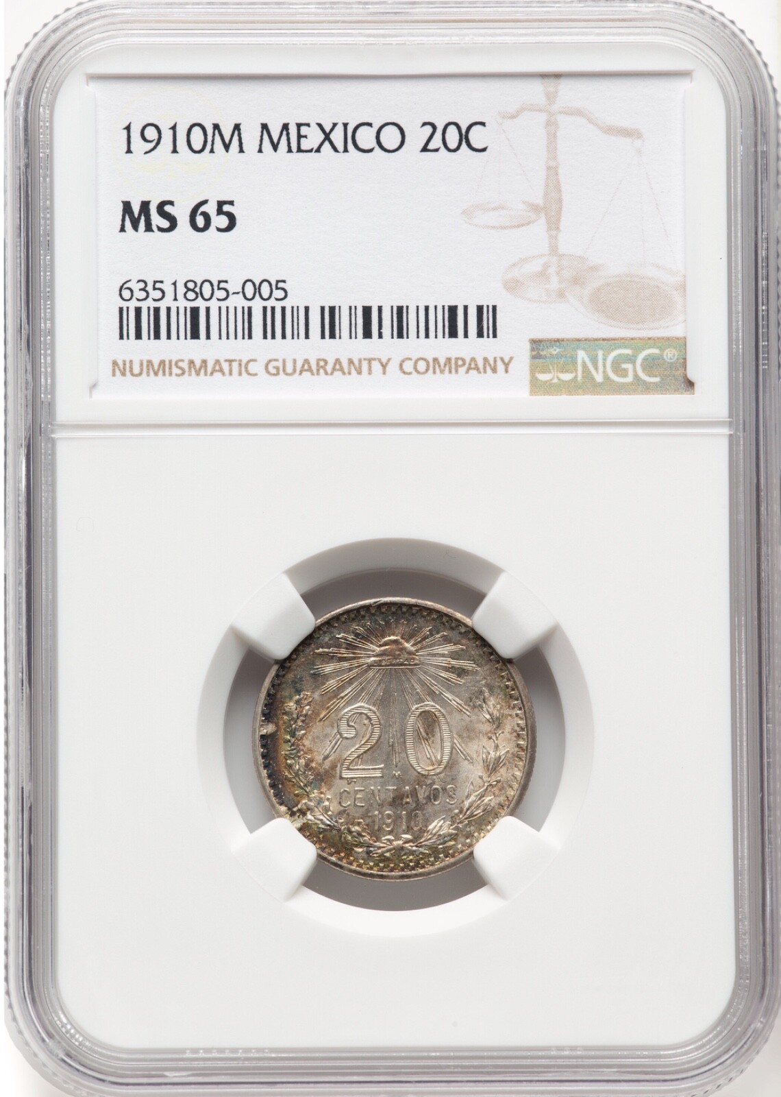 MEXICO ESTADOS UNIDOS 1910  20 CENTAVOS COIN NGC CERTIFIED GEM UNCIRCULATED MS65