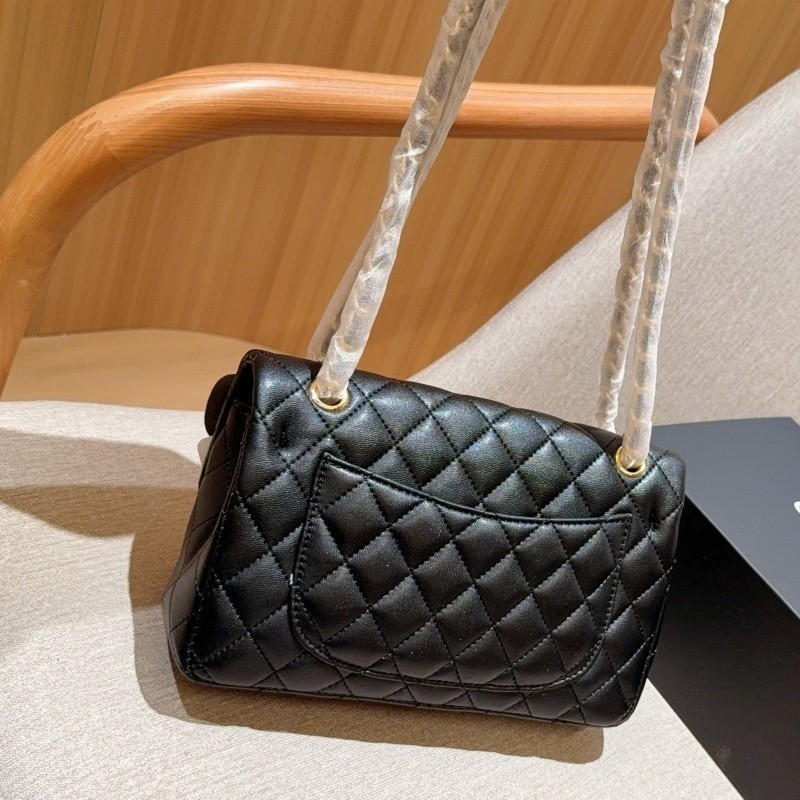 Classic Flap CF Leather Pattern Shoulder Bag with Stripes - Black Small Size