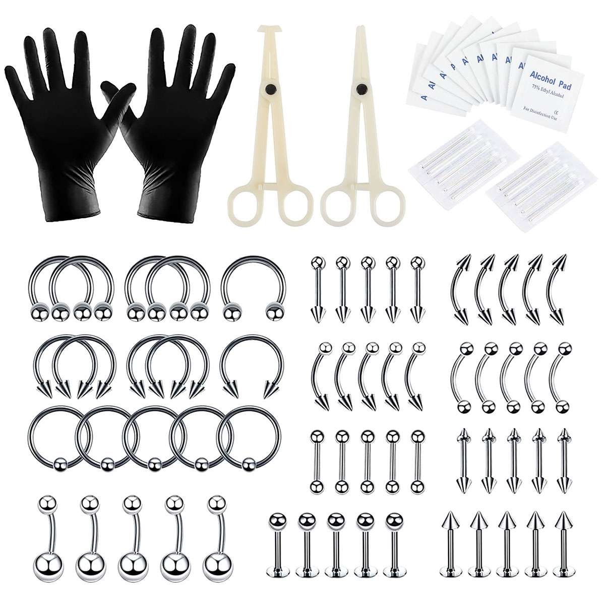 84PCS Mixed Body Piercing Kit Stainless Steel Tongue Eyebrow Nose Lip Ring