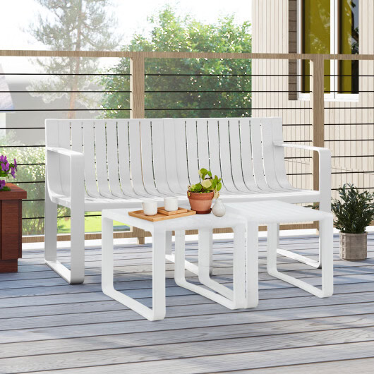 Weather-resistant Plastic 2-Person Bench with Curved Backrest-White - Color: Whi