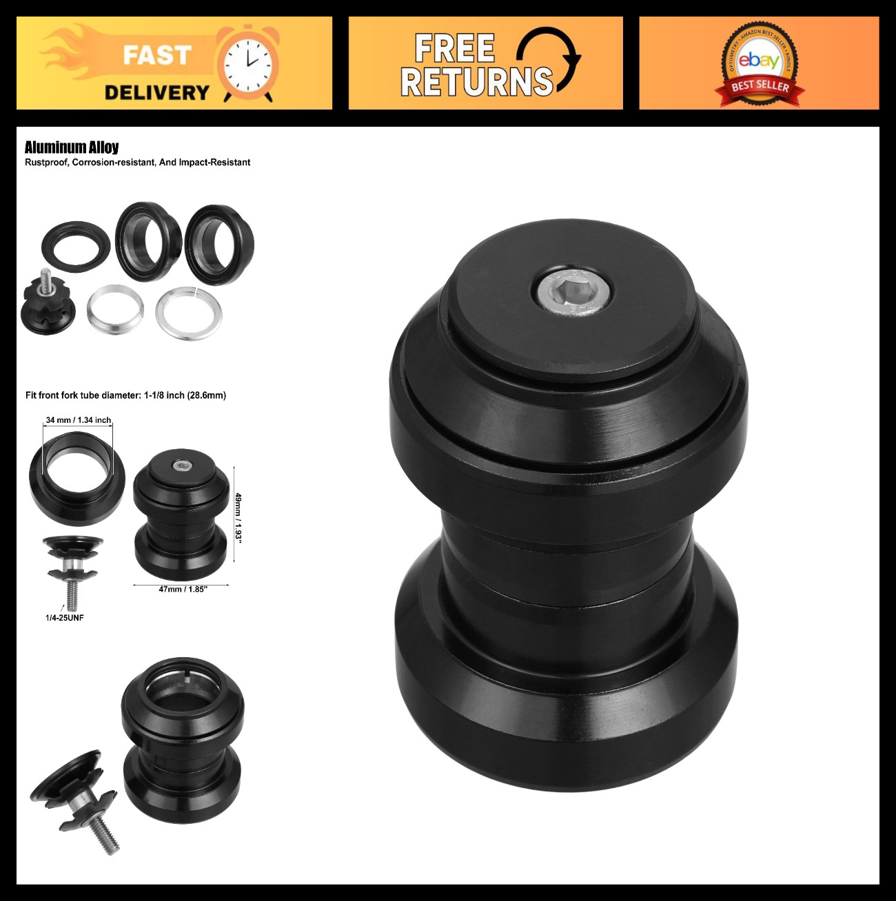 34mm 1-1/8" Threadless Bicycle Headset Combo - Sealed Bearings MTB Road Bike Par