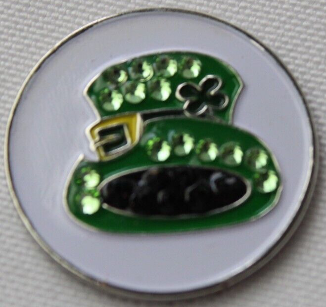 LEPRECHAUN HAT, IRISH 4 LEAF, BEDAZZLED, GOLF BALL MARKER, 1 INCH GOLF MARKER