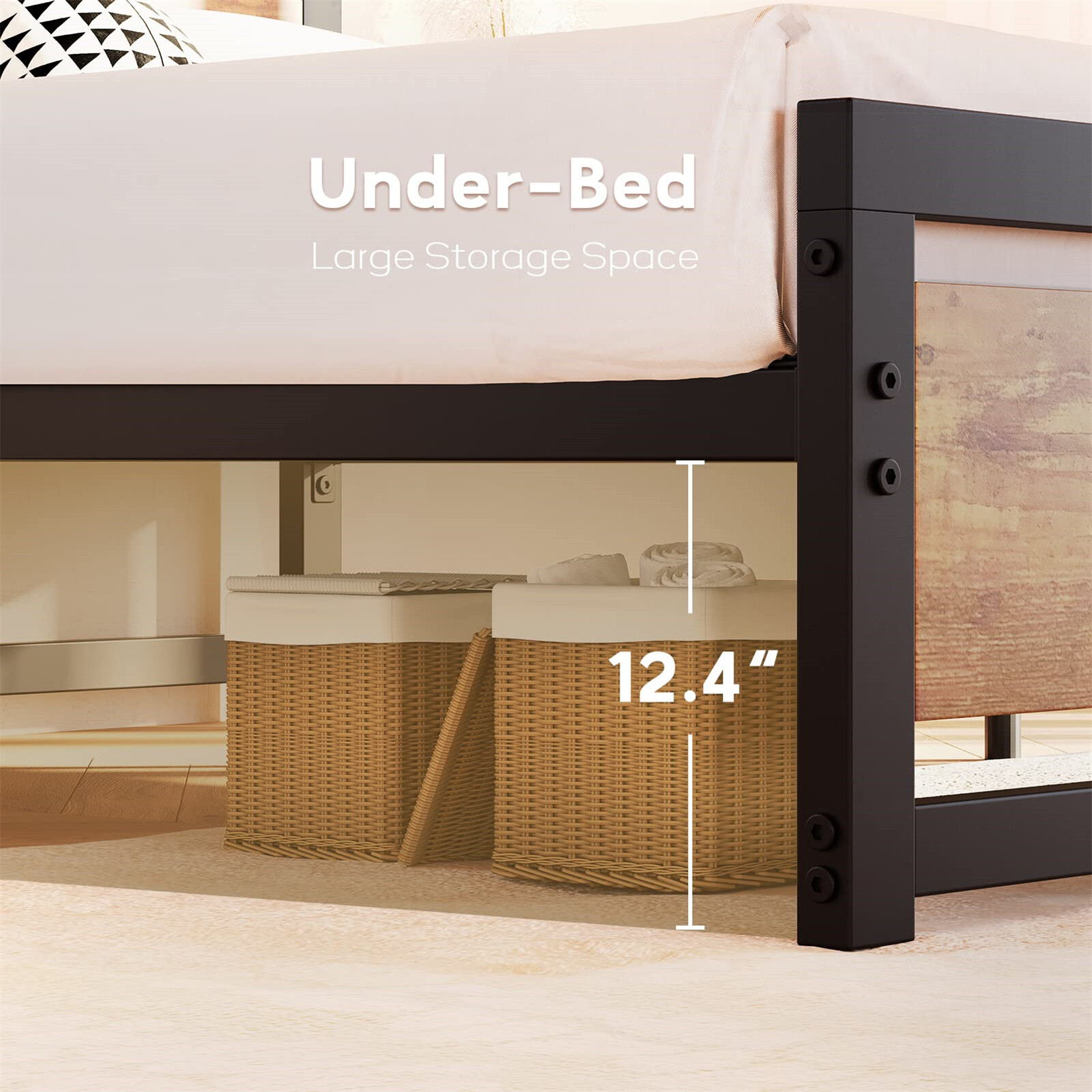 King Size Bed Frame W/Headboard Industrial King Platform Bedframe No Box Spring