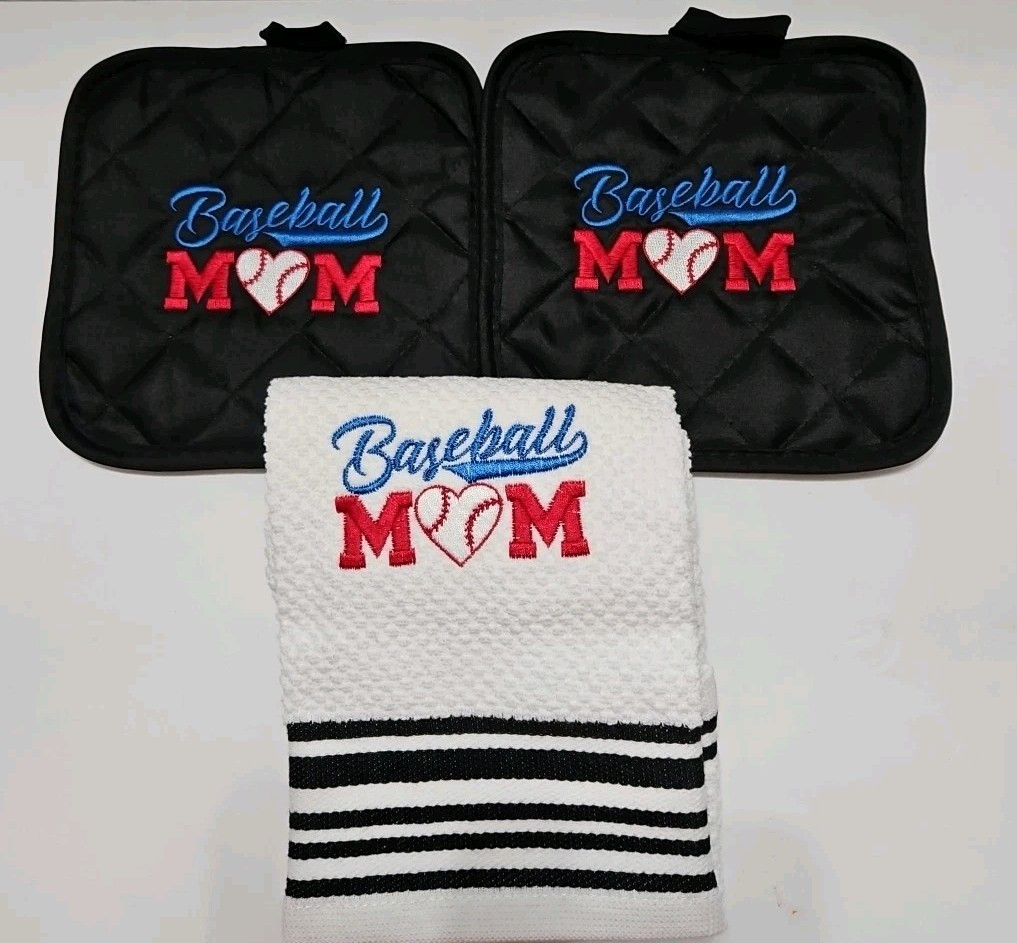 "Dog Mom," Embroidered Dish Towel and Pot Holders Set