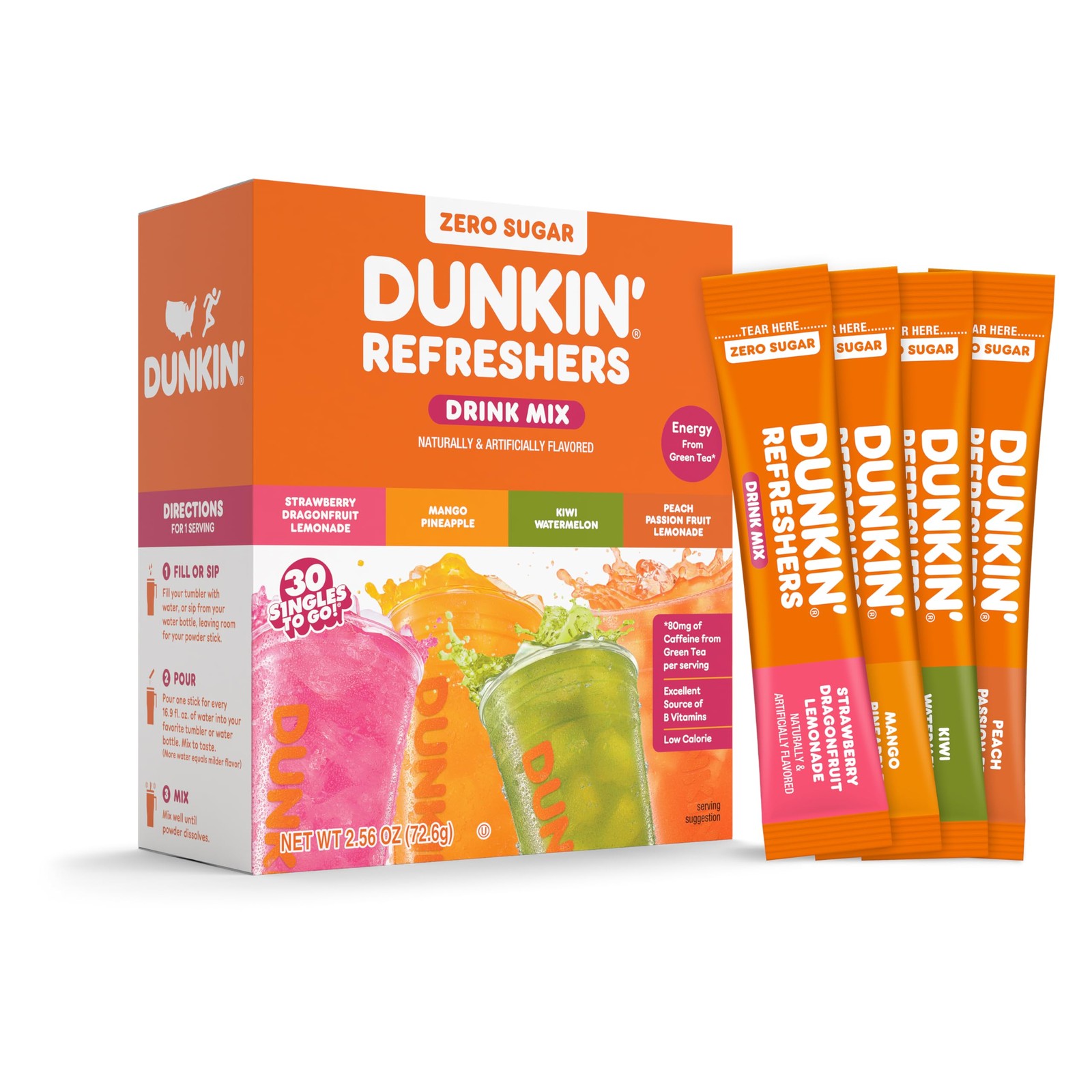 Dunkin’ Zero Sugar Refreshers Singles To Go! Powdered 0.09 Ounce (Pack of 30)