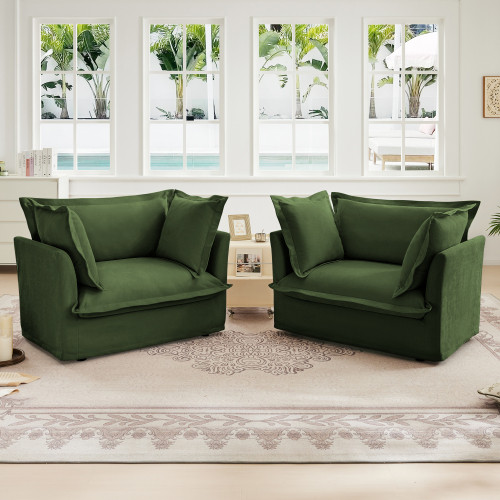 Set of 2 Slipcovered Armchairs Sets with Large Soft Pillow Chenille Fabric Green
