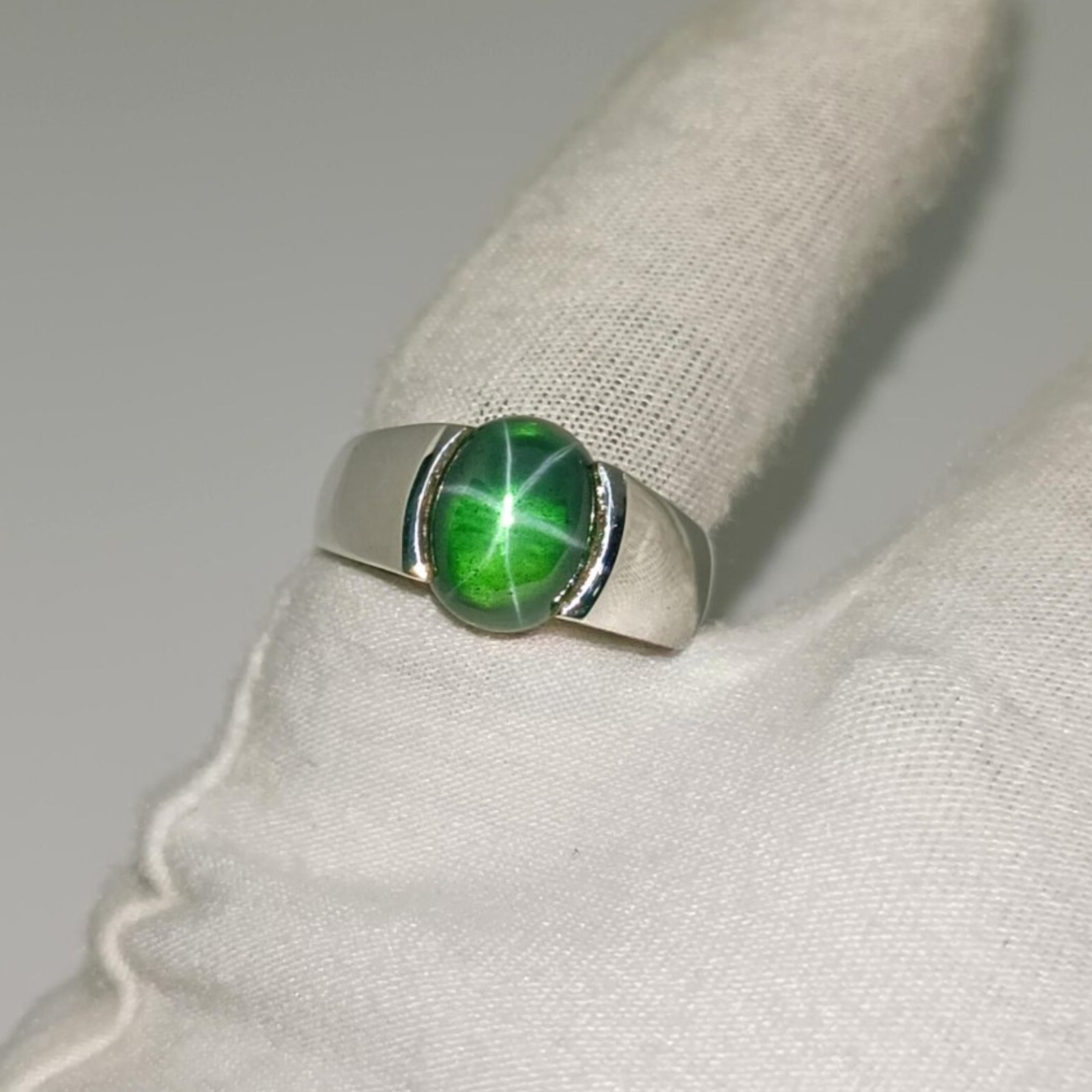 Green Star Sapphire Signet Ring, 925 Sterling Silver Men's Ring, Christmas Gift