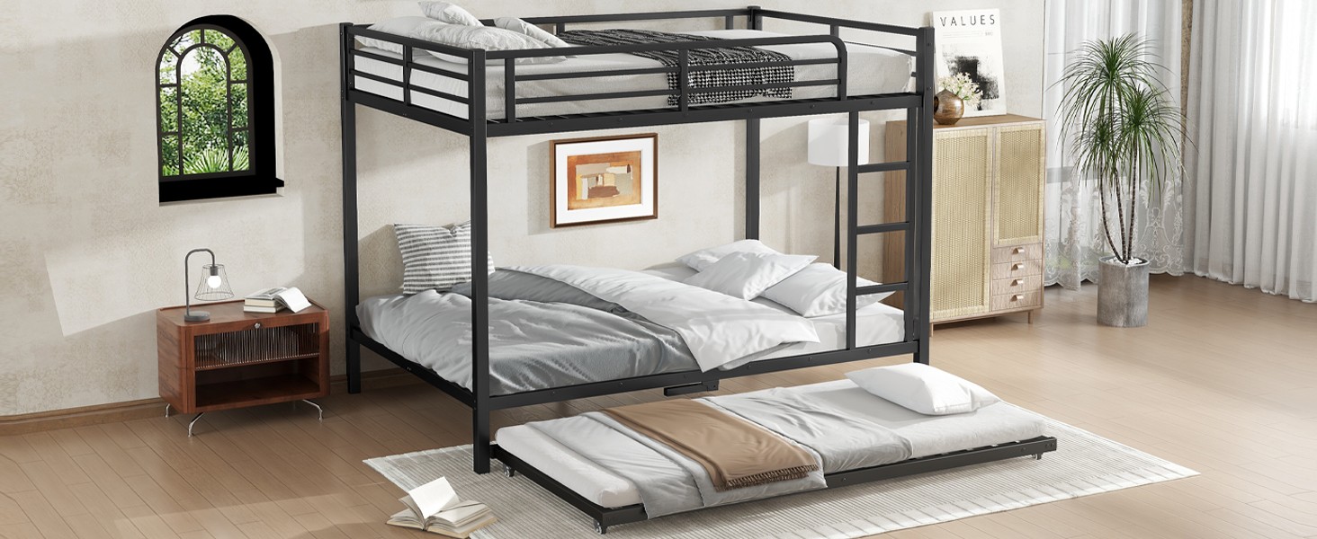 Full over Full Metal Bunk Bed with Twin Size Trundle,Black Bed Frame for Bedroom