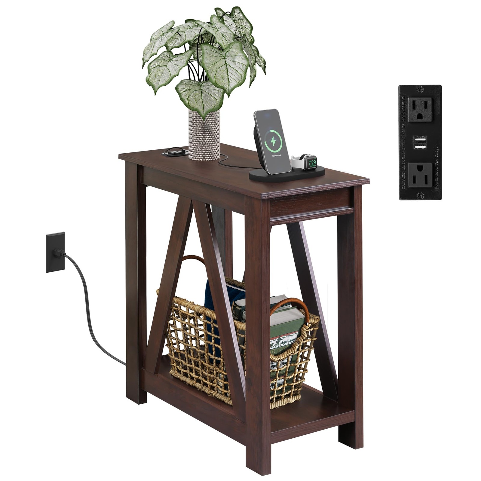 Narrow End Table with Charging Station of Open Storage Shelf，Sofa Side Table ...