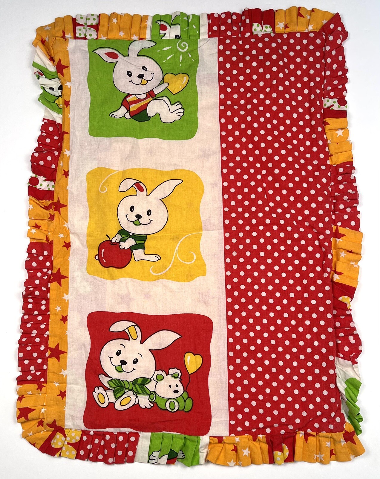 VTG 21"x14" Handmade Red/Orange/Green Bunny Rabbit PILLOW CASE Nursery Kids