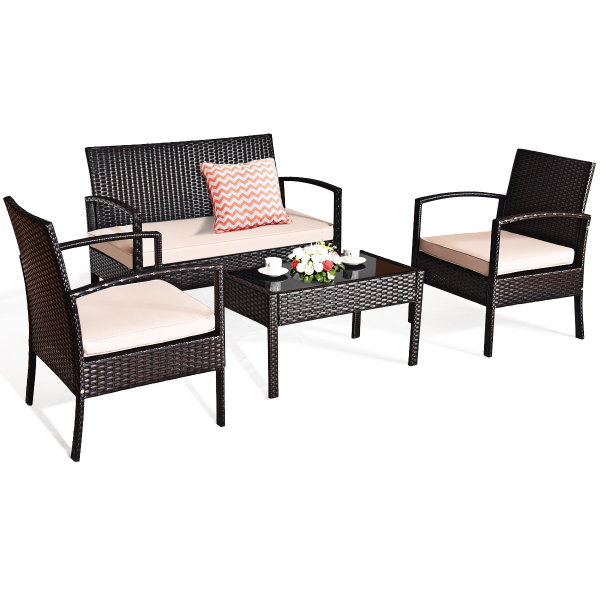 4PC Rattan Furniture Set Patio Outdoor Table Sofa Chair Loveseat Kit w/ Cushion