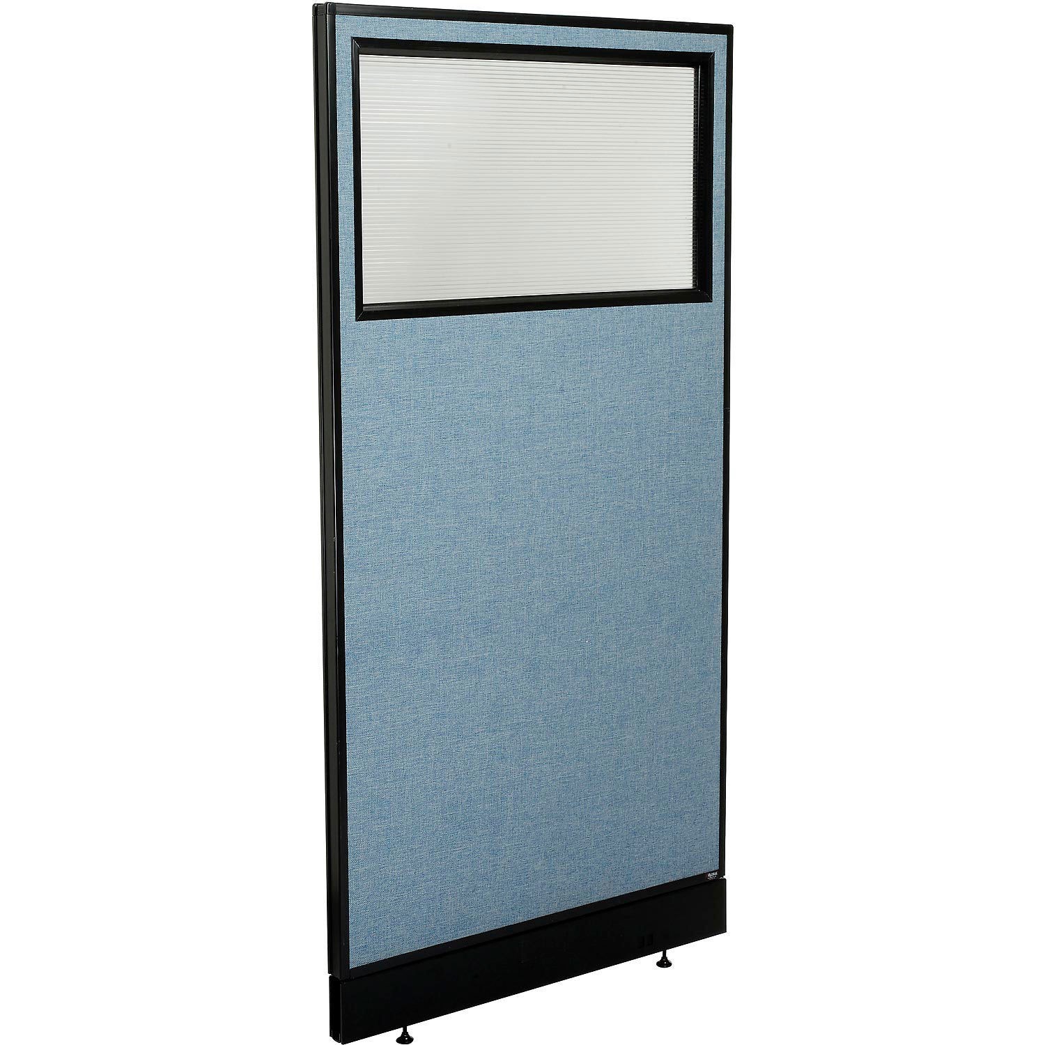 36-1/4"W x 76"H Office Partition Panel with Partial Window  Pass-Thru Cable Blue