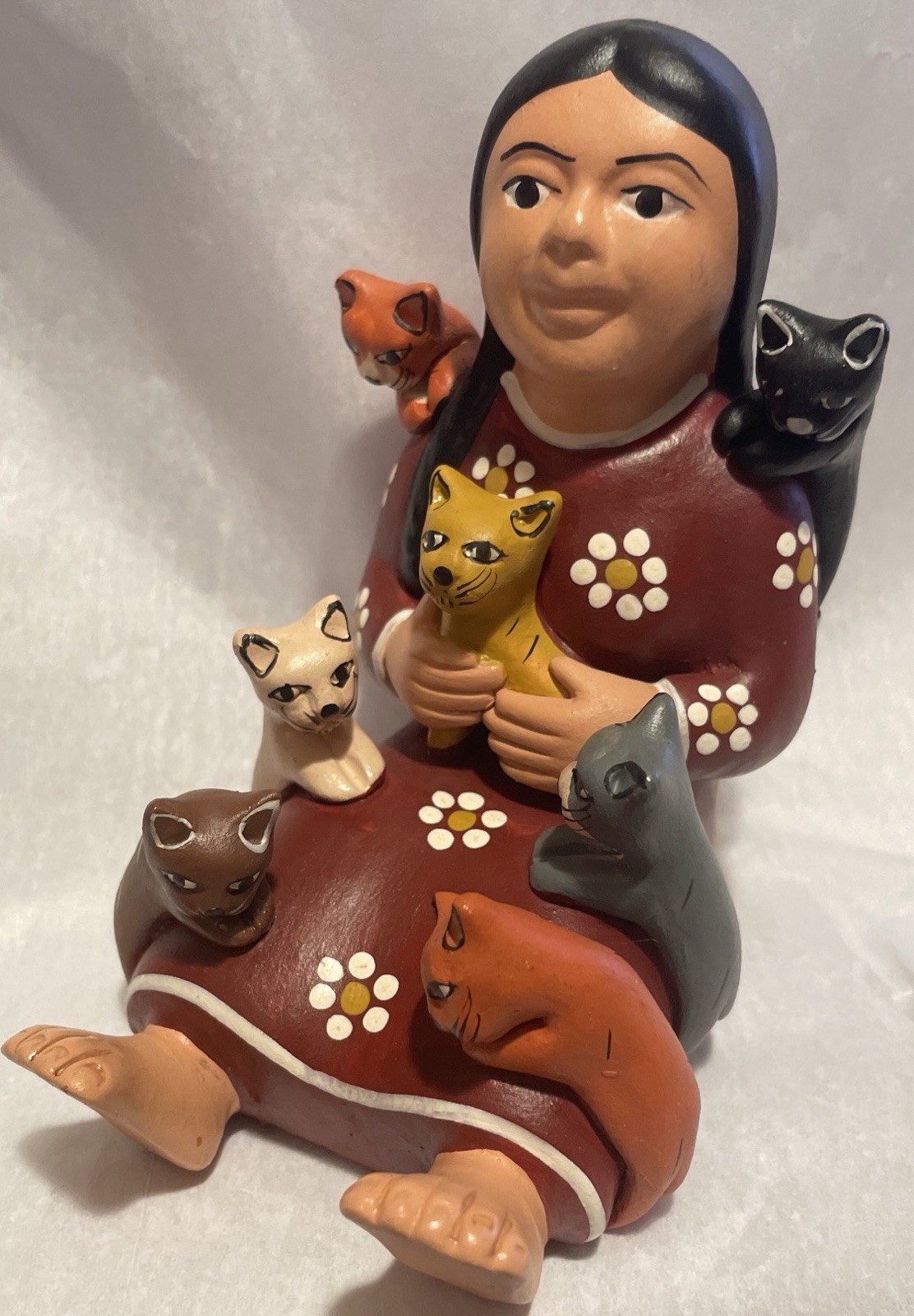 Storyteller Woman W/ Cats Figurine Peru Folk Art Clay Peruvian Handicrafts 4.5”