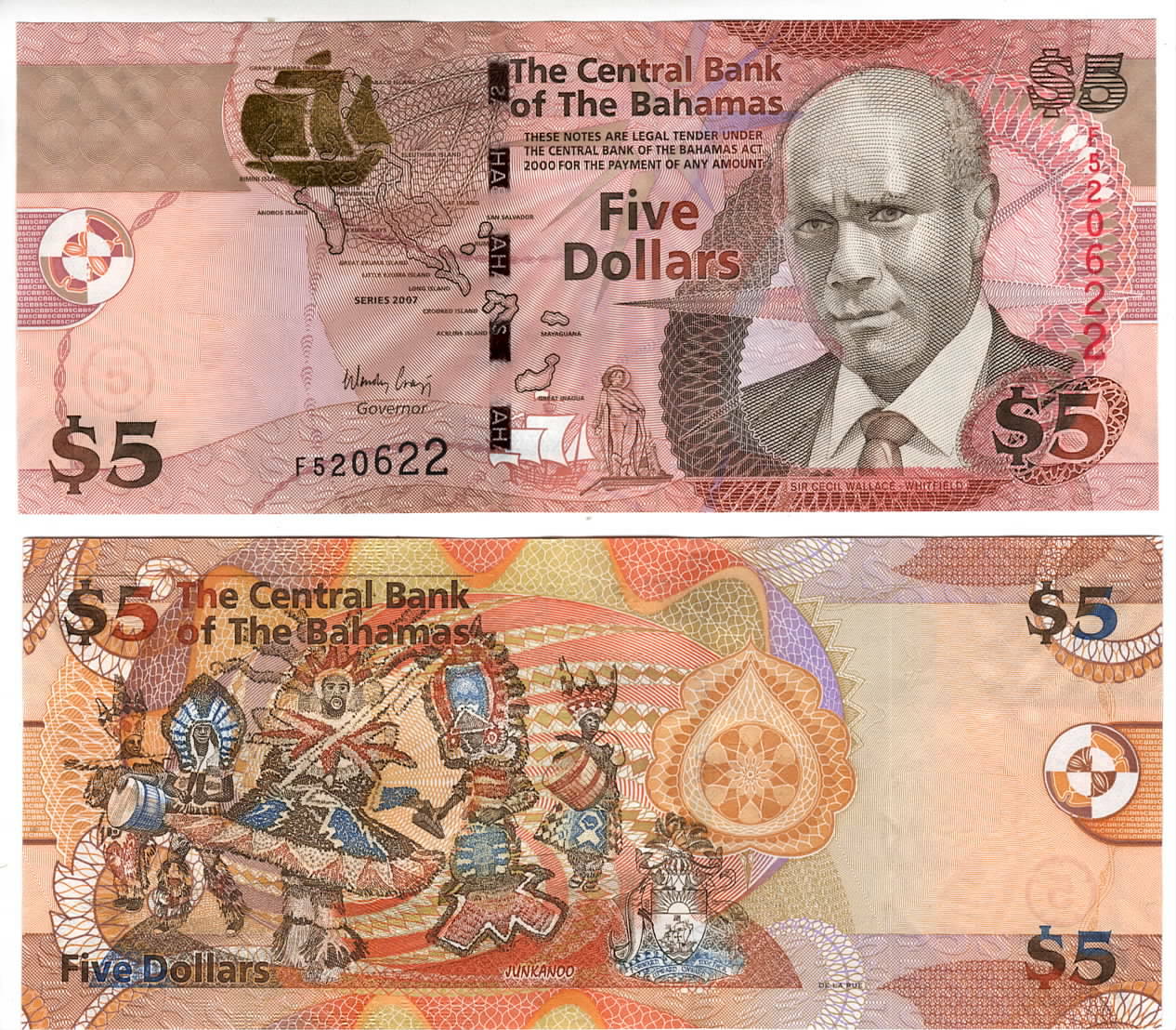 BAHAMAS CRISP Series $5 Dollars UNC Banknote (2007) P-72 Prefix F