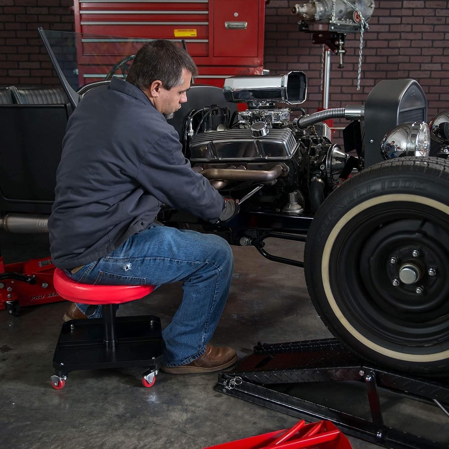 Comfortable Garage Rolling Seat with Tool Tray - Pneumatic Height Adjustable