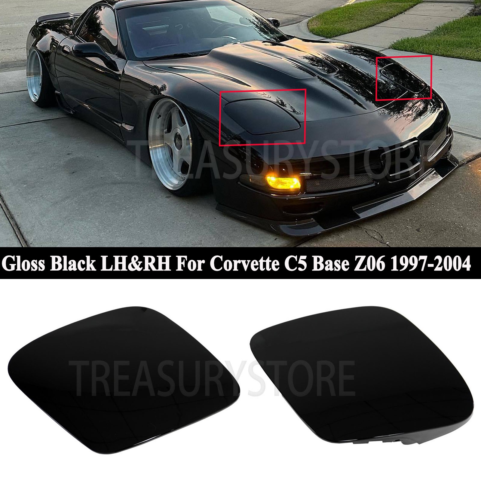 Gloss Black For Corvette C5 1997-2004 Front Headlight Cover Beezl Left Right Set