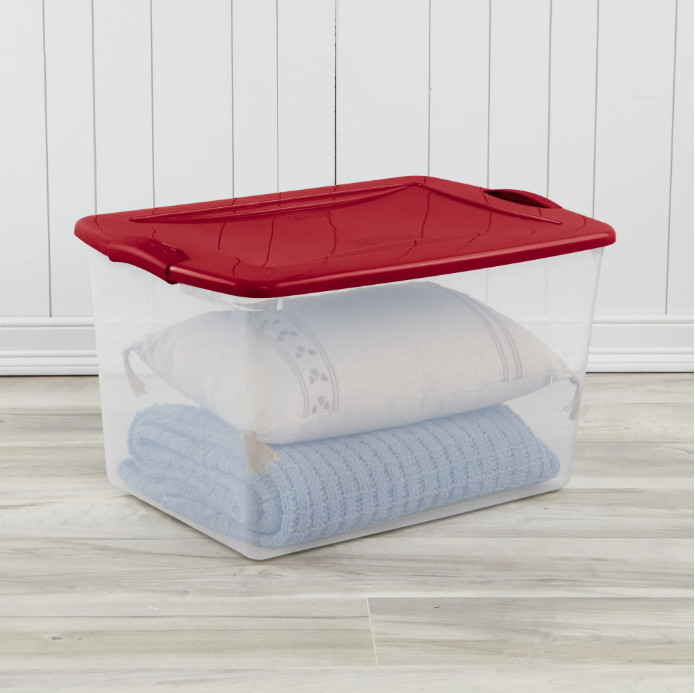 Sterilite 66 Qt Clear Storage Bin with Latch Lid, Red, 6 Pack