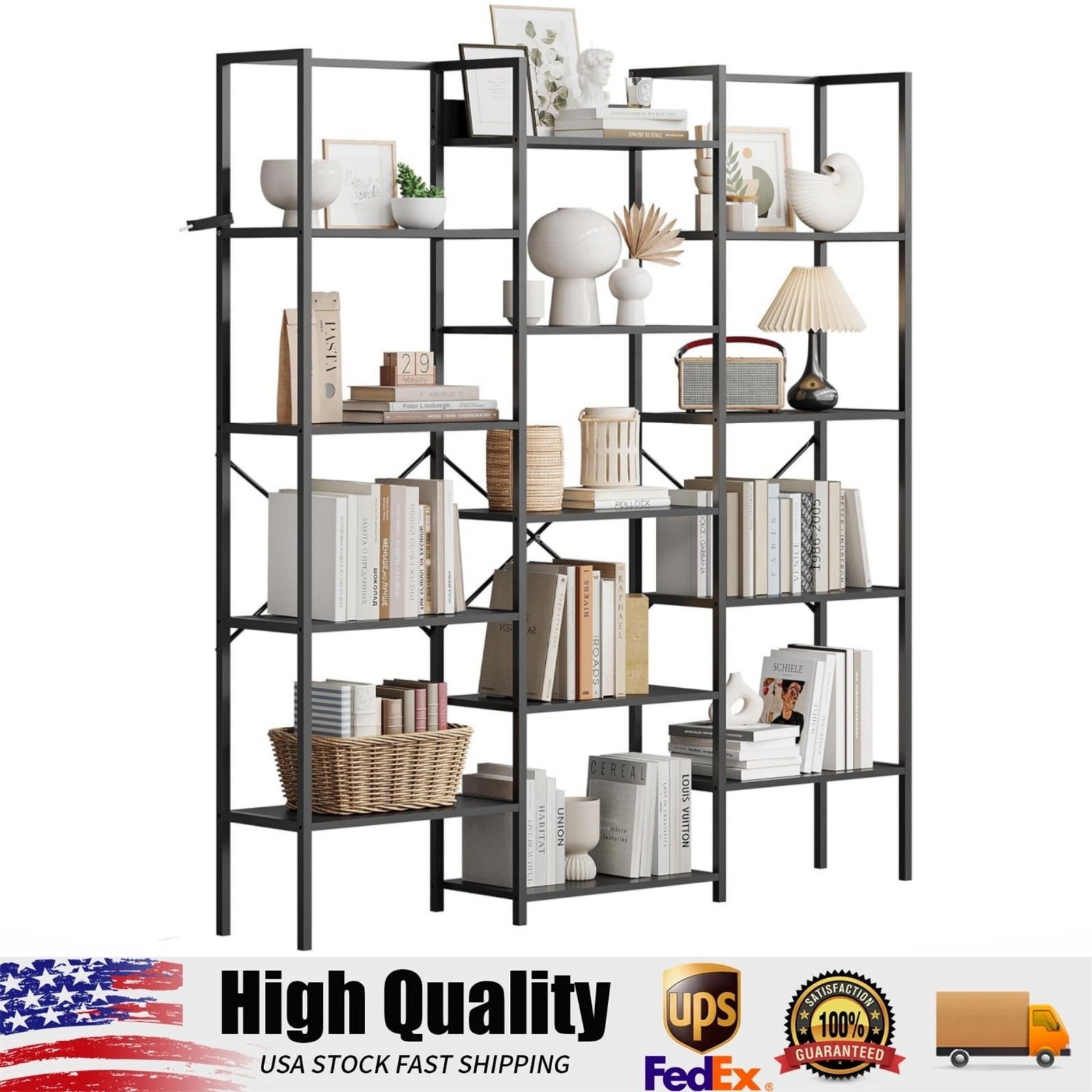 63" Triple Wide Industrial Bookcase, 5 Tier Book Shelf with Open Display Shelves