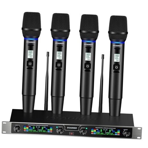 Wireless Microphones System, 4 Channel UHF Wireless Mics,with 4 Handheld Brown