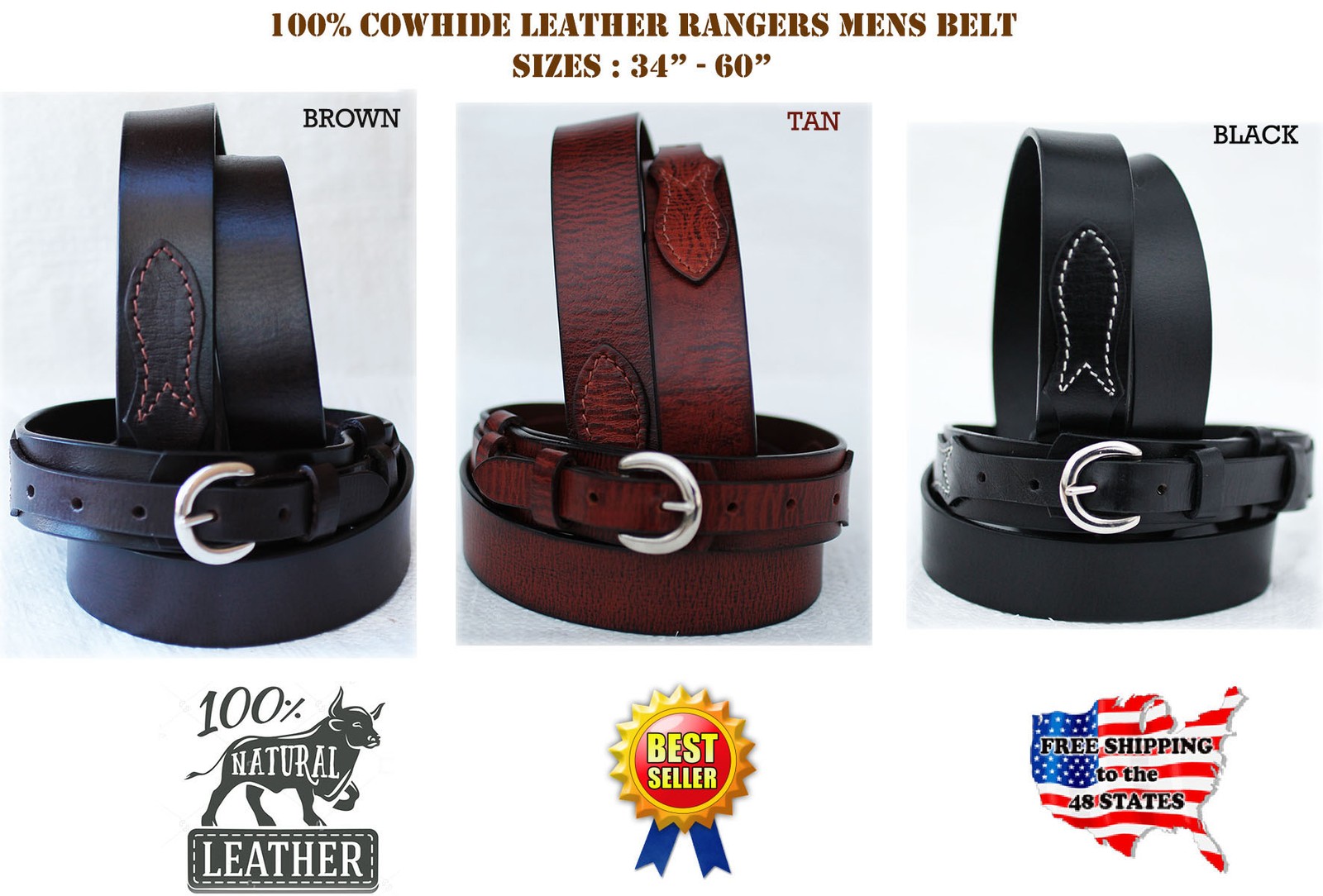 59-60  PRORIDER Mens Western LEATHER RANGER BELT 1-1/2" Tan 26Ranger09