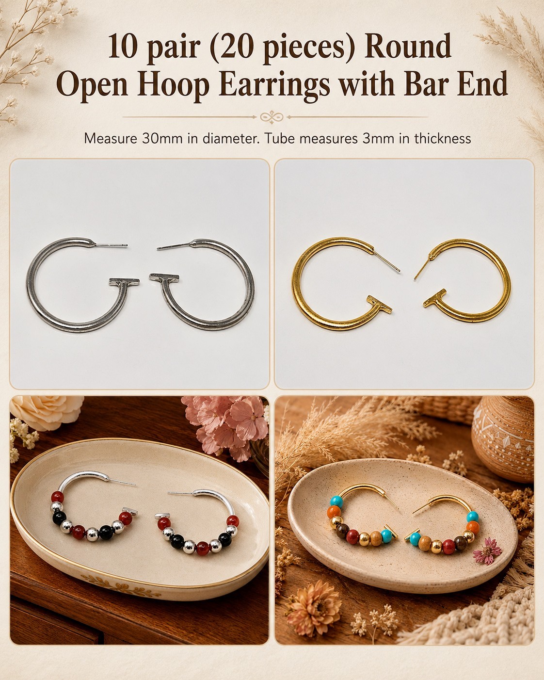 10 pair Silver 30mm Round Half Open Hoop Earrings with Bar End Crafts Jewelry