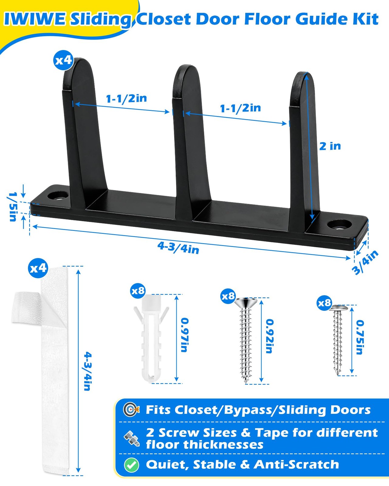 4 Pack Black Sliding Closet Door Floor Guide Universal Bottom Guide Set