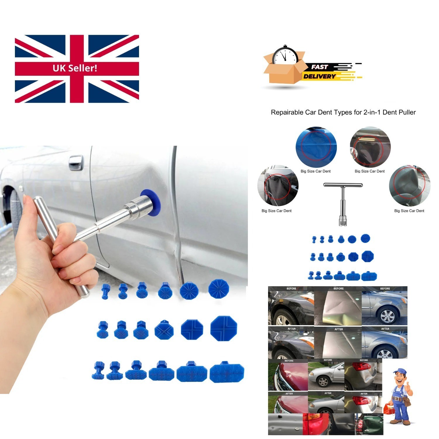 Dent Repair Tools Kit - Car Puller with 18 Plastic Glue Tabs - Easy Dent Remover