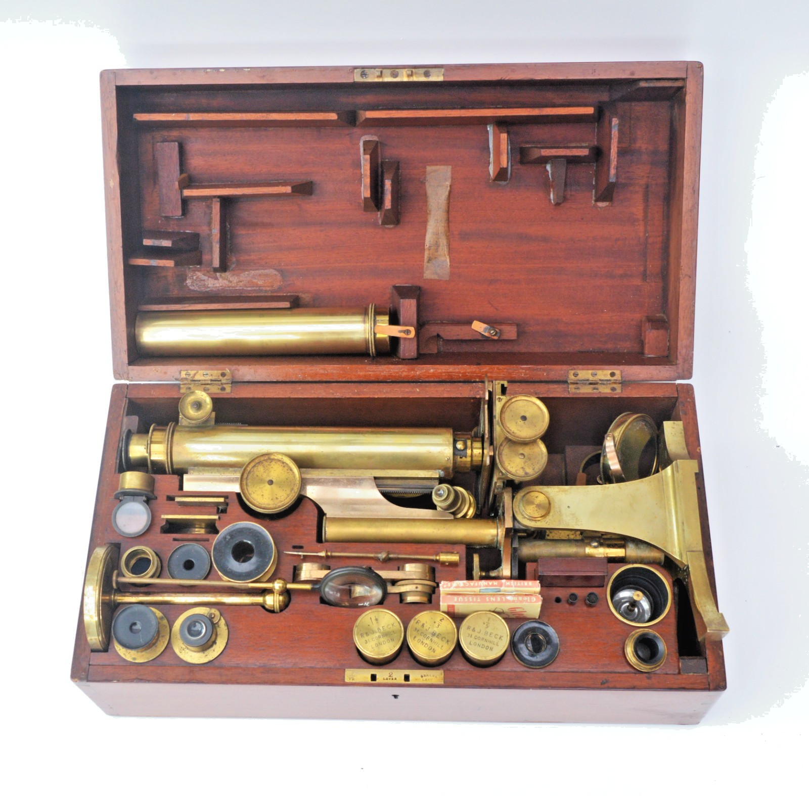 R & J Beck binocular microscope outfit.