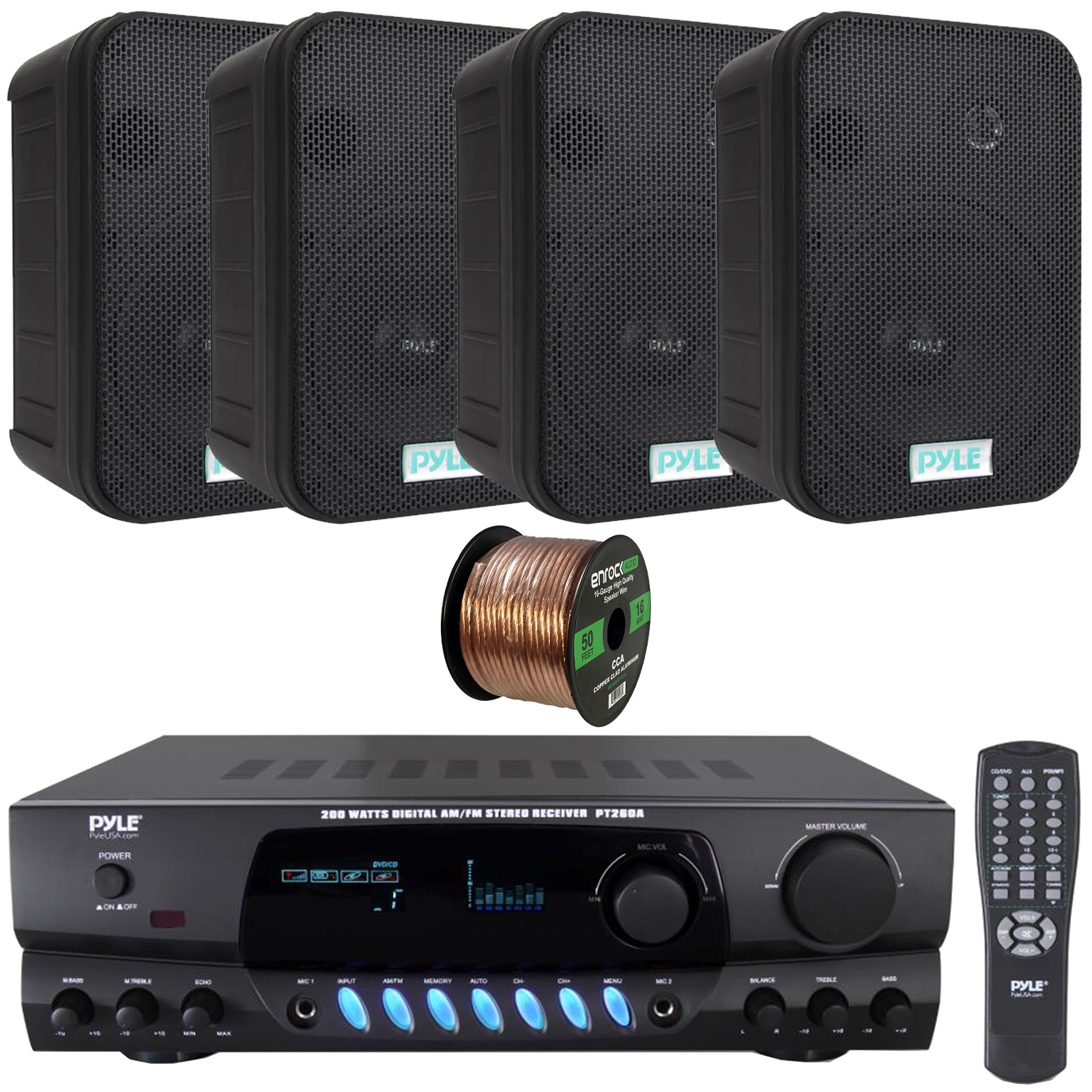 Pyle Digital Home Audio Receiver, 4x 6.5'' 500W Waterproof Black Speakers, Wire