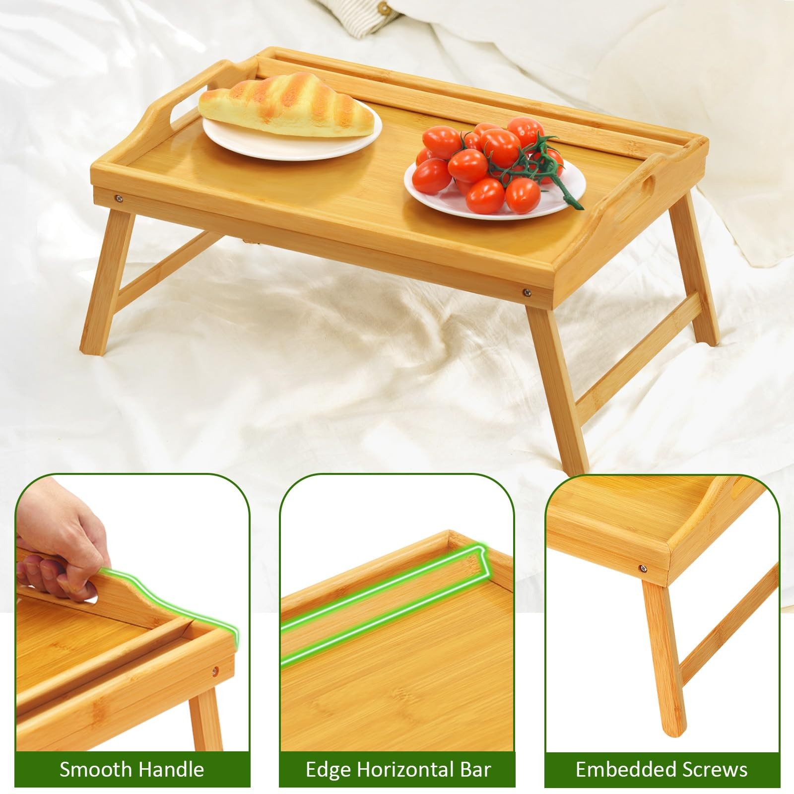 Tray Table for Bed, Bamboo Breakfast with 18.1" x 11.2" x 7.7",