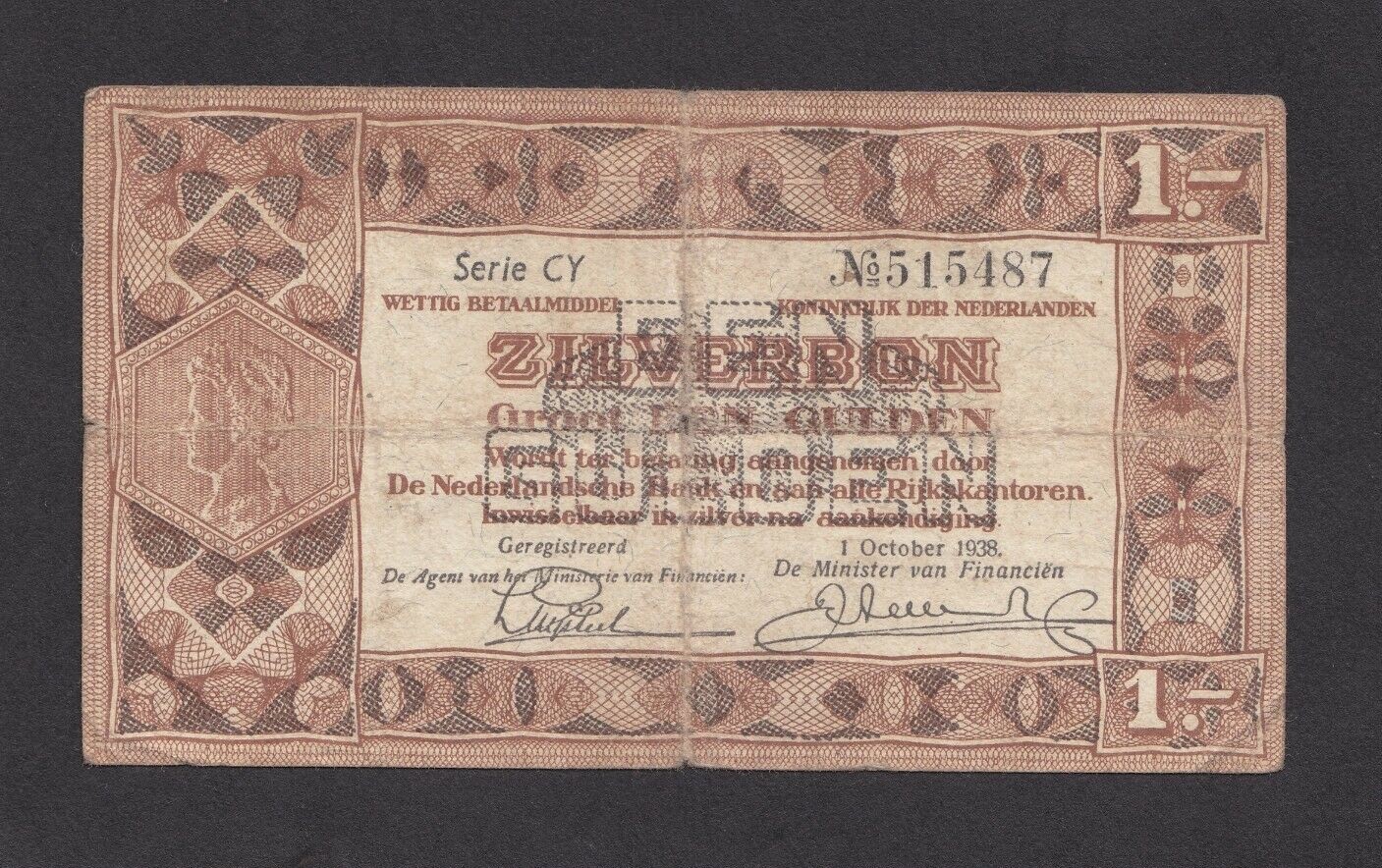 Netherlands 1 Gulden P-61 1938    VG+