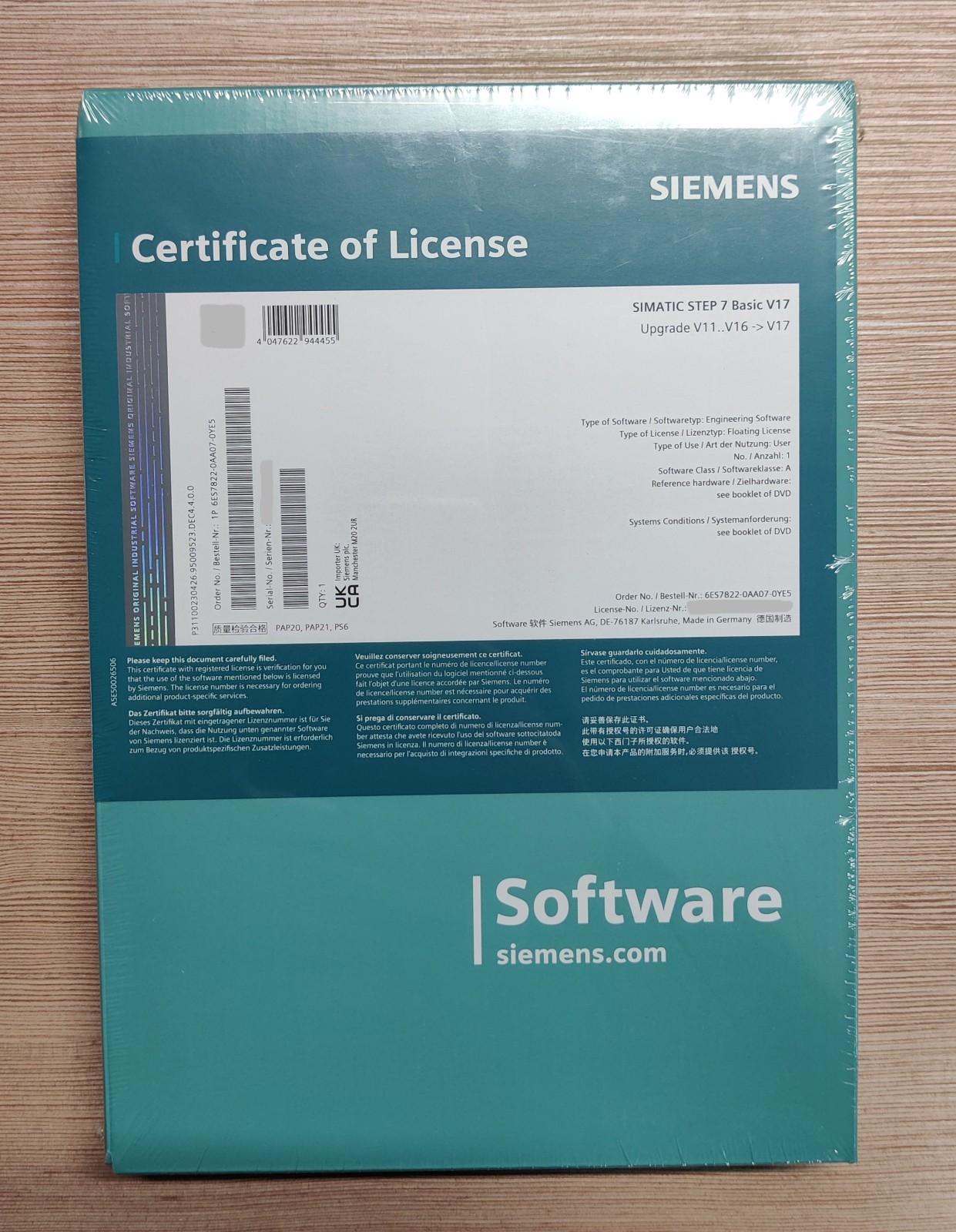 SIMATIC STEP 7 Basic V17, Upgrade 6ES7822-0AA07-0YE5