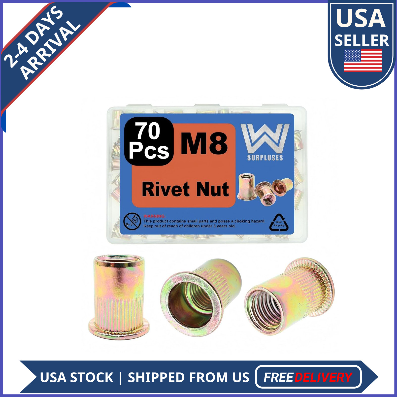 70 Pcs M8-1.25 Rivet Nuts Zinc Plated Carbon Steel Threaded Insert Nutsert Faste