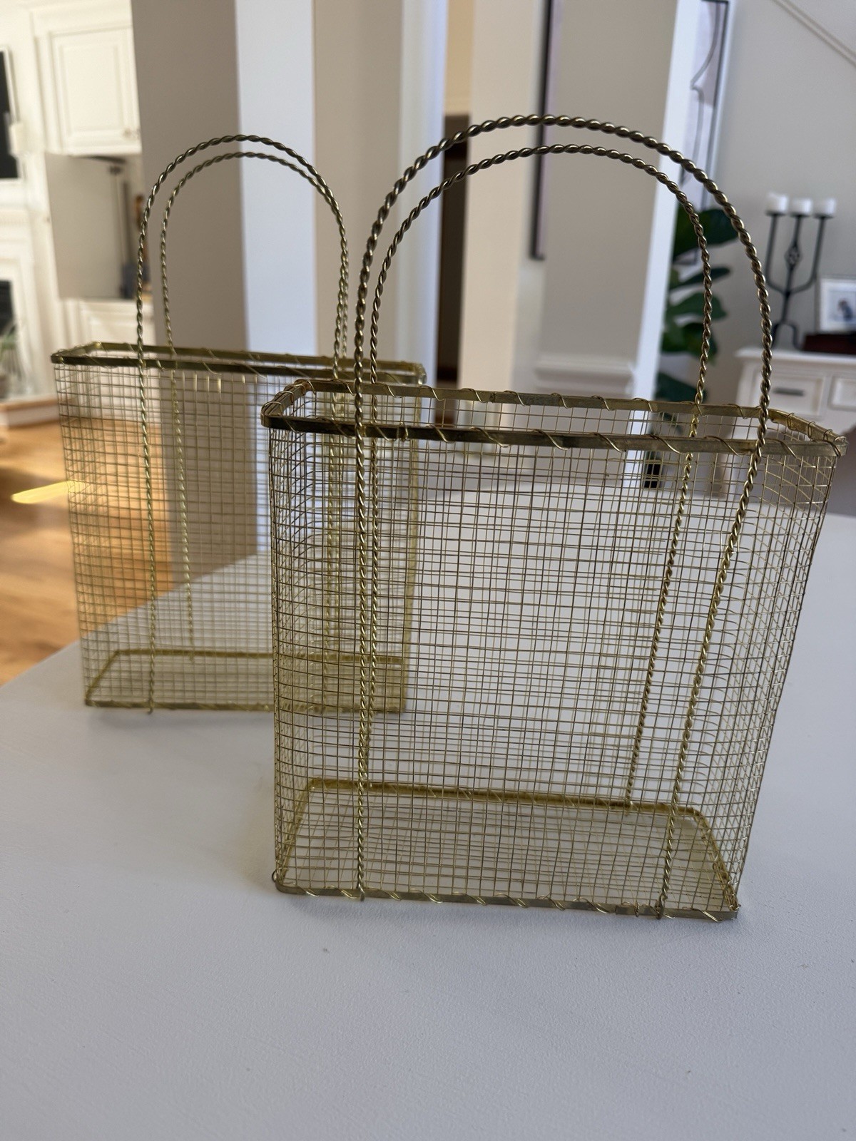 Gold Wire Basket Set Gift Bag Shape Storage Bins Handles Organizer Modern Decor