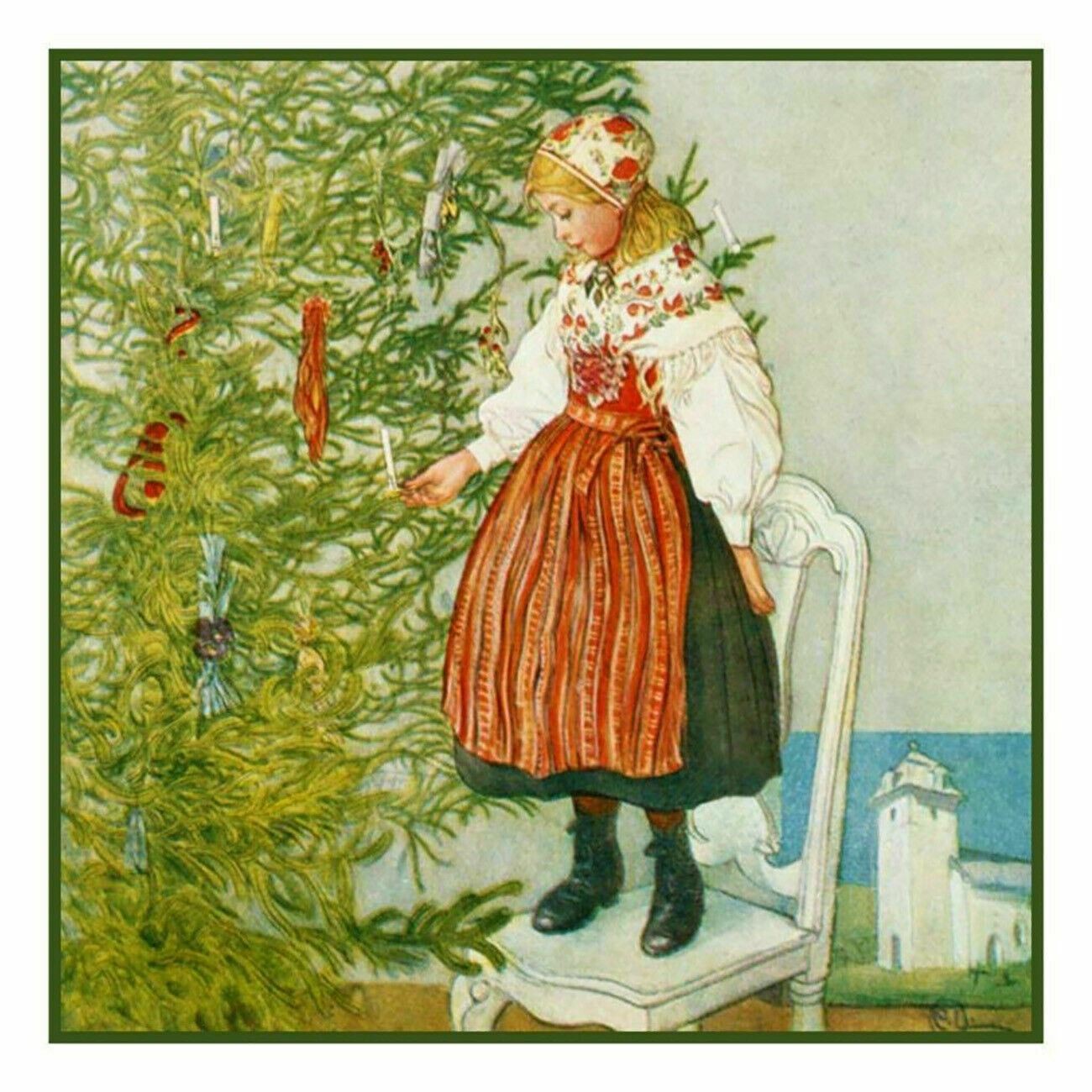 Christmas Tree Girl inspired Swedish Carl Larsson Counted Cross Stitch Pattern