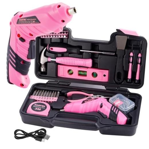 Pink Tool Set for Women, 136 PCS Household Tool Kit with 3.6V USB Electric