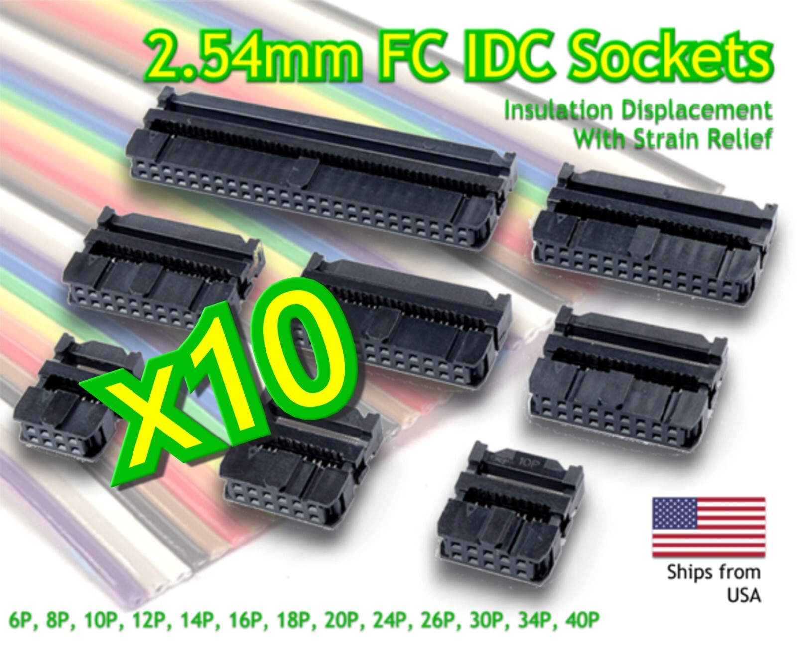 10 pcs. - FC IDC 2.54mm Connector Female Header JTAG ISP Socket w/Strain Relief